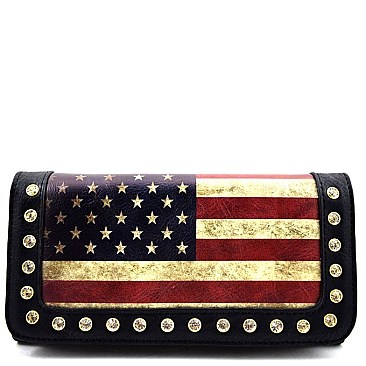 US Flag Print Rhinestone Checkbook Vintage Wallet