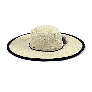 RAFFIA POMS 2TONE WIDE BRIM STRAW HAT