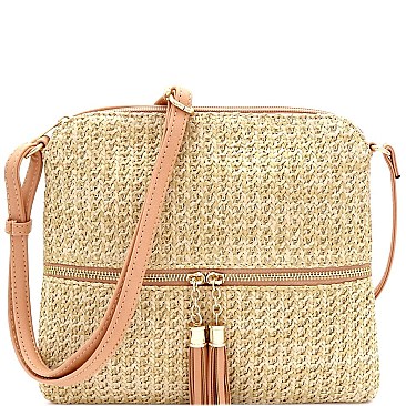 Front Pocket Knitted Tassel Straw Cross Body