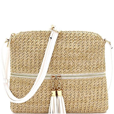 Front Pocket Knitted Tassel Straw Cross Body