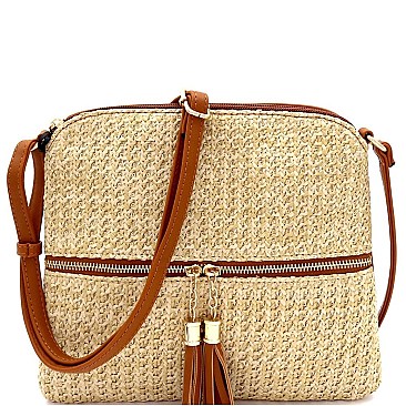 Front Pocket Knitted Tassel Straw Cross Body