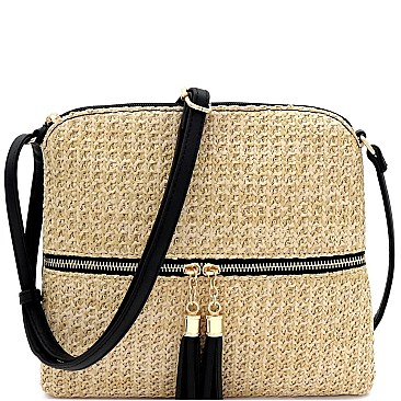 Front Pocket Knitted Tassel Straw Cross Body