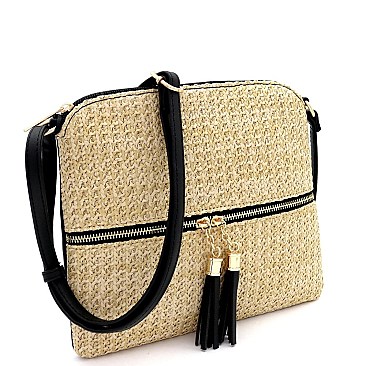 Front Pocket Knitted Tassel Straw Cross Body