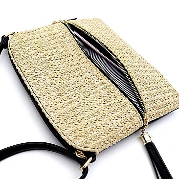 Front Pocket Knitted Tassel Straw Cross Body