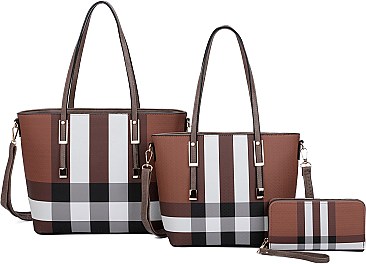 3 In 1 Checker Design Tote Wallet Set - Classic