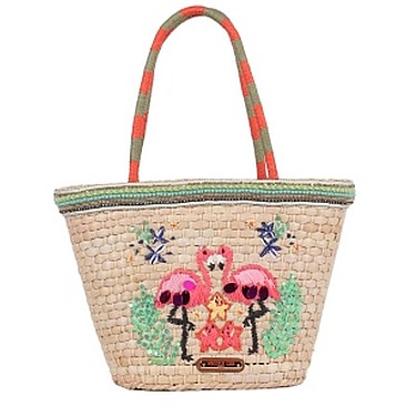 Posh Nicole Lee Flamingo Embroidered Woven Straw Tote Bag JPSTR12671