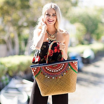 Stylish Nicole Lee Bohemian Woven Straw Tote Bag JPSTR12672