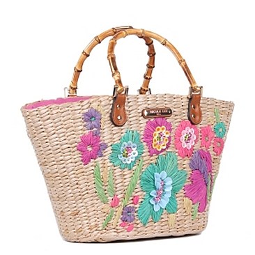 Classy Nicole Lee Embroidered Flowers Straw Tote Bag JPSTR12677