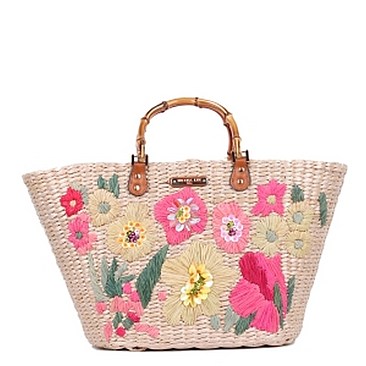 Stylish Nicole Lee Flower Embroidered Straw Tote Bag JPSTR12678