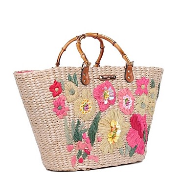Stylish Nicole Lee Flower Embroidered Straw Tote Bag JPSTR12678
