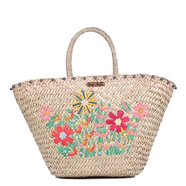 Chic Nicole Lee Flower Embroidered Straw Tote Bag JPSTR12679