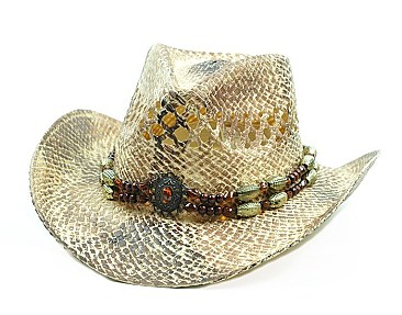 Antique Look Necklace Trimmed Straw Hat