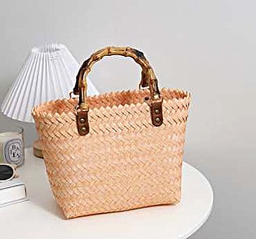 Bamboo Handle Designer Natural Straw Shopper