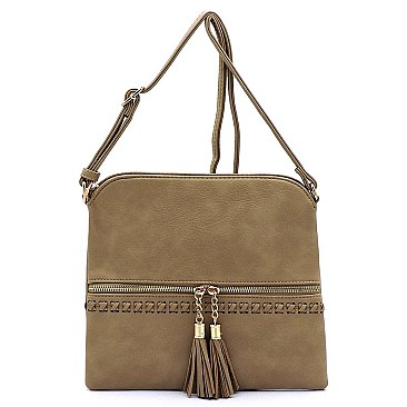 Weaved Whipstitch Tassel Zipper Crossbody Bag