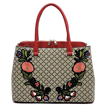 Diamond Check Embroidered Flower Satchel