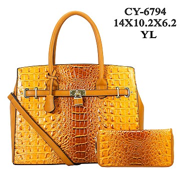 Ostrich & Croco Embossed Satchel With Matching wallet