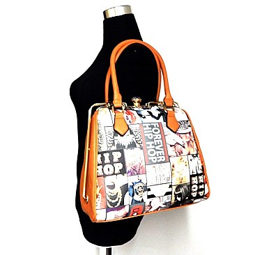 Magazine Print Diamond-top & Metal Frame Satchel