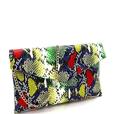 Chain Strap Snake Print Envelope Clutch