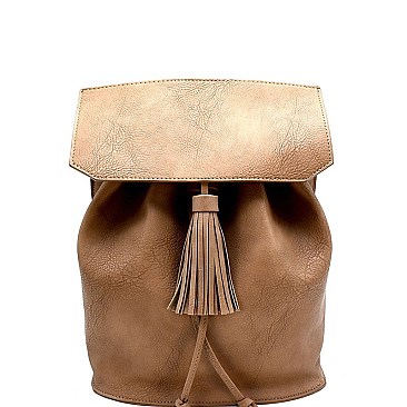 UN0071-LP Drawstring and Tassel Accent Flap Backpack