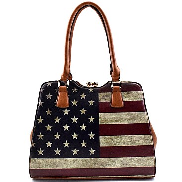 US Flag Print Kiss-lock Frame Quality Satchel