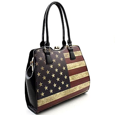 US Flag Print Kiss-lock Frame Quality Satchel