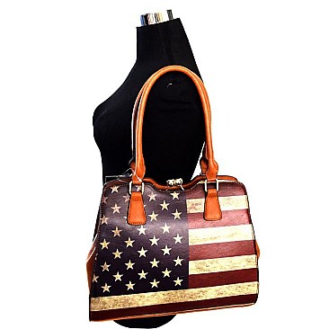 US Flag Print Kiss-lock Frame Quality Satchel