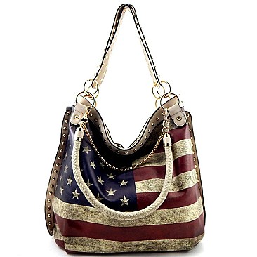 Flag Print Chain Accent Hobo Bag