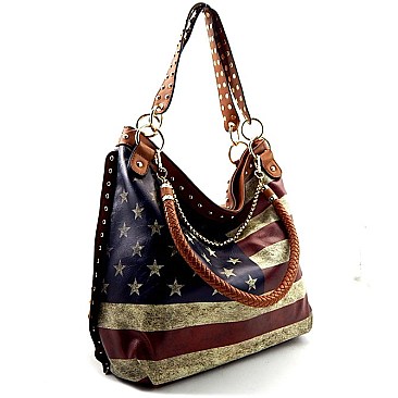 Flag Print Chain Accent Hobo Bag