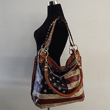 Flag Print Chain Accent Hobo Bag