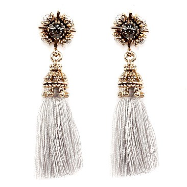 VE1551-LP Glass Rhinestone Fabric Tassel Post Earrings