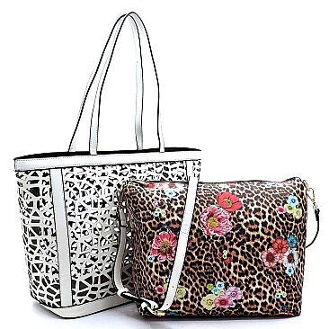 Laser Cut See Thru Shopper & Leopard Flower Crossbody 2-in-1 Set