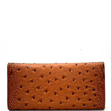 W020OTSK-LP Ostrich Print Embossed 15-Card-Slot Trifold Wallet with Checkbook Holder