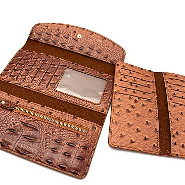 W020OTSK-LP Ostrich Print Embossed 15-Card-Slot Trifold Wallet with Checkbook Holder