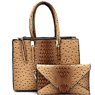 WE0017-LP Ostrich Print 2 in 1 Satchel SET