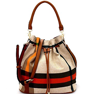 WE0026-LP Checker Plaid Print Linen Drawstring Bucket Hobo