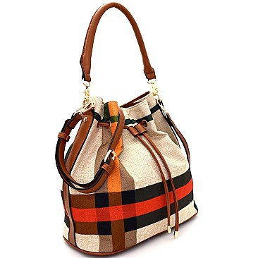 WE0026-LP Checker Plaid Print Linen Drawstring Bucket Hobo