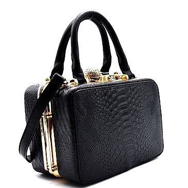 8135-LP Snake Print Embossed Jewel-top Medium Size Satchel