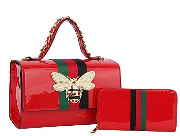 Queen Bee Stripe Patent Glossy Boxy Satchel + Wallet Set