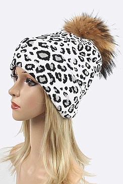 Leopard Print Fur Pom Knit Beanie