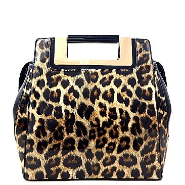 Leopard Print Patent Metal Hand-hold Accent Satchel