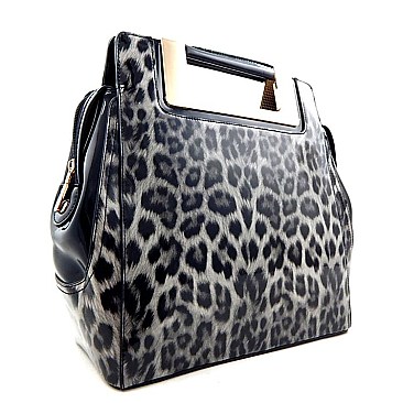 Leopard Print Patent Metal Hand-hold Accent Satchel