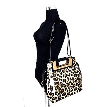 Leopard Print Patent Metal Hand-hold Accent Satchel