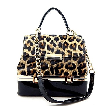 Bottom Compartment Patent Leopard Satchel Bag