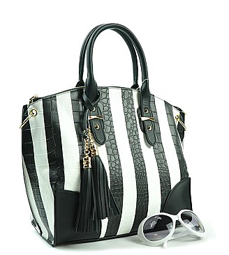 Embossed Tasseled Accented Stripe Tote-Satchel