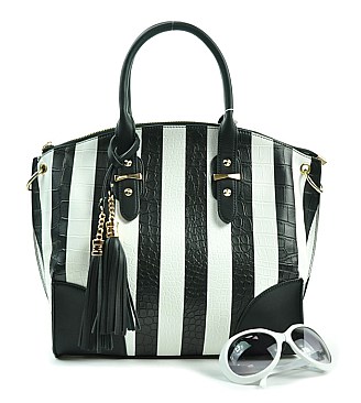 Embossed Tasseled Accented Stripe Tote-Satchel