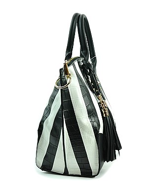 Embossed Tasseled Accented Stripe Tote-Satchel