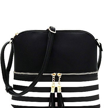 Stripe Print Tassel Front Pocket Cross Body
