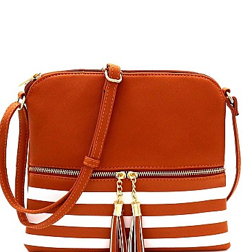Stripe Print Tassel Front Pocket Cross Body