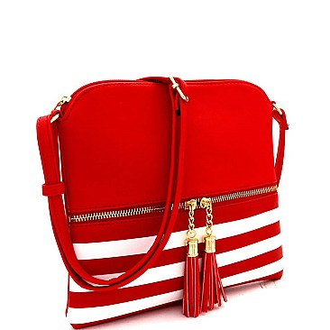 Stripe Print Tassel Front Pocket Cross Body