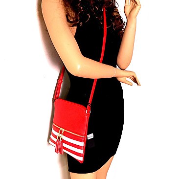 Stripe Print Tassel Front Pocket Cross Body